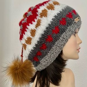 Hand Knits 2 Love Slouch Hat Beanie Cap Fairisle Heart Faux Fur Pom Pom Designer